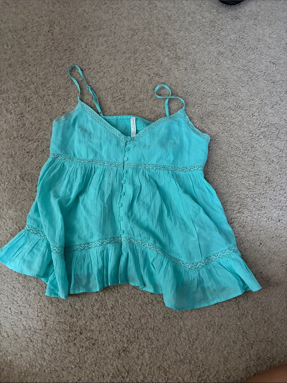 American Eagle Outfitters Turquoise Button-Front Lace Trim Cami